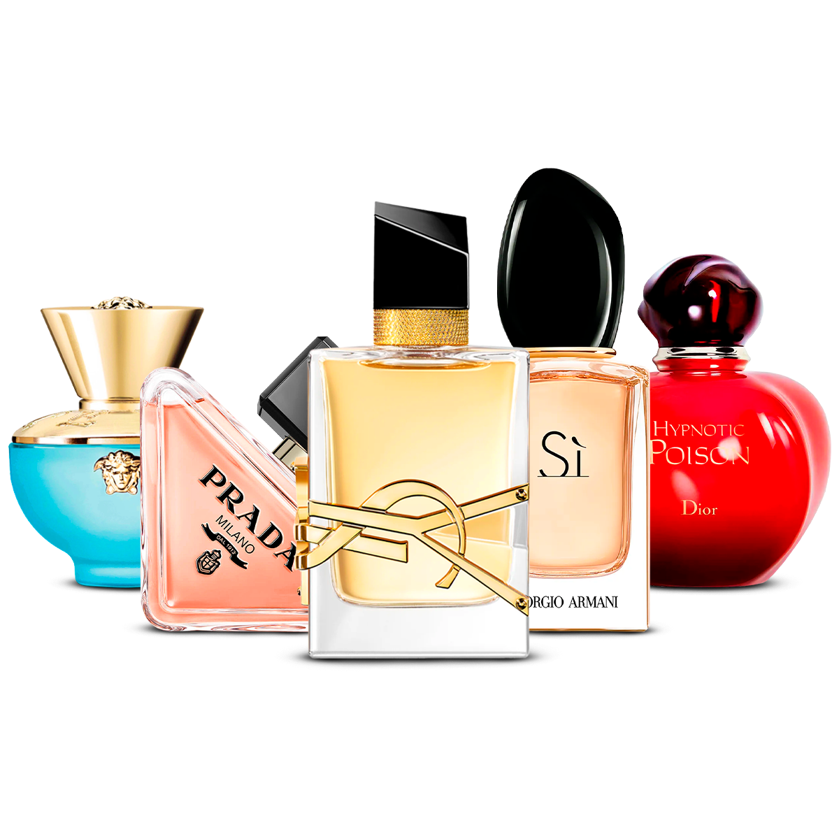 Sada 5 Parfémů – Versace Dylan Turquoise, Prada Paradoxe, Yves Saint Laurent Libre, Giorgio Armani Sì i Dior Hypnotic Poison [100 ml každý]