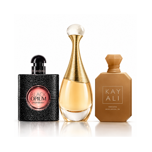 Sada 3 parfémů | Black Opium YSL Eau de Parfum – 90 ml | J’adore Dior Eau de Parfum – 100 ml | Freedom Musk Santal | 34 Kayali Eau de Parfum – 100 ml