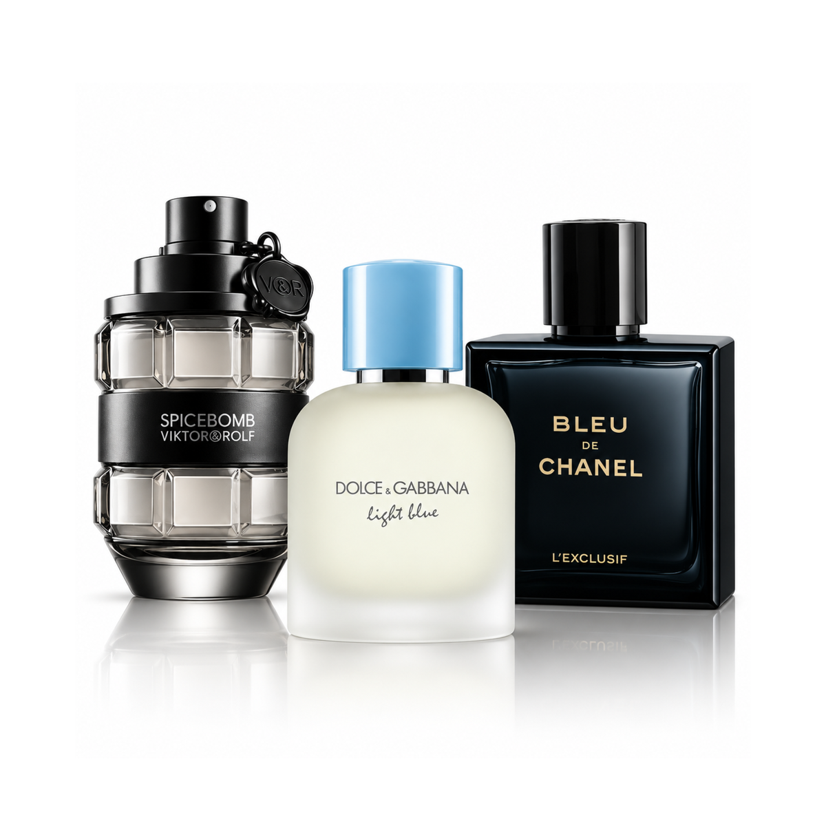 Sada 3 parfémů |Spicebomb Viktor&Rolf Eau de Toilette – 100 ml | Light Blue Pour Homme Dolce&Gabbana Eau de Toilette – 100 ml | Bleu de Chanel L’Exclusif – 100 ml